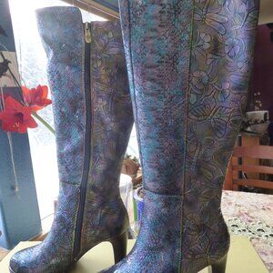 SPRING STEP L'ARTISTE GORJUS NAVY MULTI BUTTERFLY DRAGONFLY SNAKE SKIN BOOTS 8.5